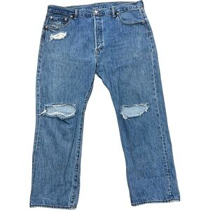 LEVI’S 501s Button Fly Mens Light Wash Ripped Destroyed Denim Jeans Size 42 X 30